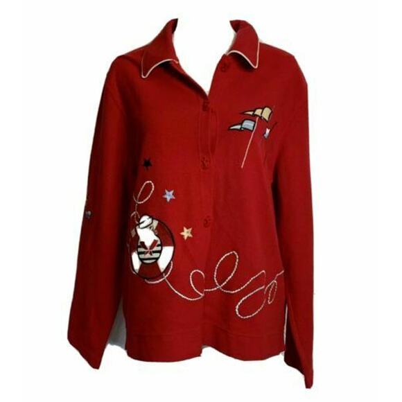 Vtg Onque casuals embroidered Red Sailor Themed Print Button Up collared sz XL - Picture 1 of 8